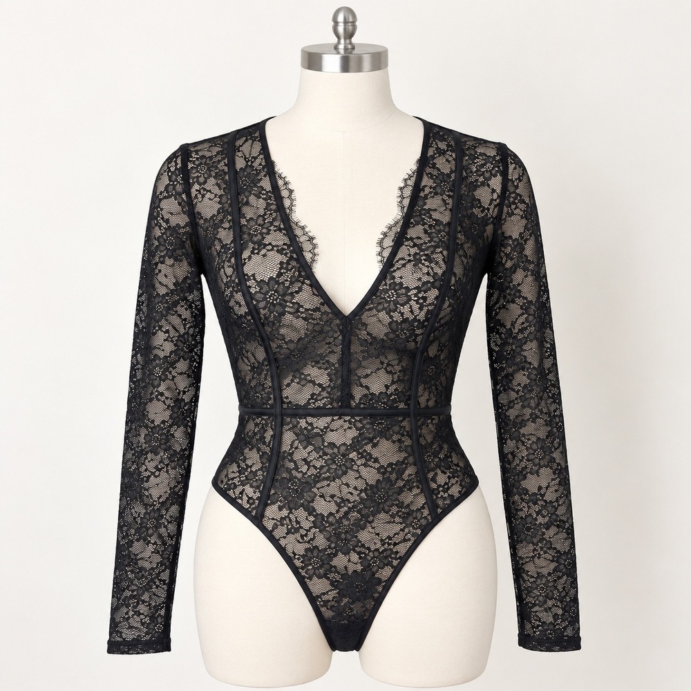 Victoria's Secret Black Lace Long Sleeve Plunge Bodysuit L 353480-01R NWOT